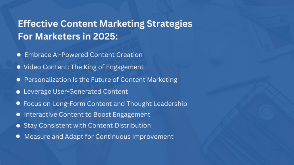 graphic listing effective content marketing strategies for marketers in 2025